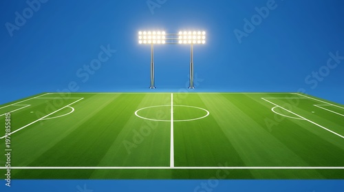 Illuminated empty soccer field under bright stadium lights during clear blue sky