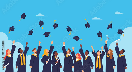 A joyful flat design illustration depicting a diverse group of graduates celebrating their academic achievement by tossing their caps high into the air. 