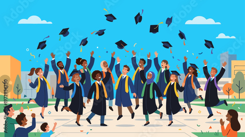 A joyful flat design illustration depicting a diverse group of graduates celebrating their academic achievement by tossing their caps high into the air. 