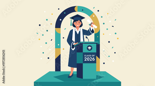 A vibrant flat design illustration showing a female graduate standing triumphantly on a podium, diploma in hand, with confetti falling around her.
