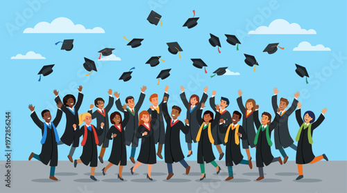 A joyful flat design illustration depicting a diverse group of graduates celebrating their academic achievement by tossing their caps high into the air. 