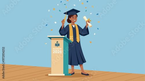 A vibrant flat design illustration showing a female graduate standing triumphantly on a podium, diploma in hand, with confetti falling around her.