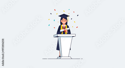 A vibrant flat design illustration showing a female graduate standing triumphantly on a podium, diploma in hand, with confetti falling around her.