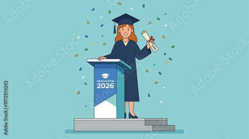 A vibrant flat design illustration showing a female graduate standing triumphantly on a podium, diploma in hand, with confetti falling around her.
