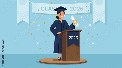 A vibrant flat design illustration showing a female graduate standing triumphantly on a podium, diploma in hand, with confetti falling around her.