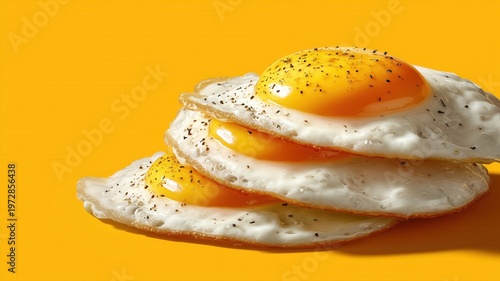 Three fried eggs stacked on a bright yellow background with black pepper seasoning. This image is ideal for food-related content and breakfast-themed designs.