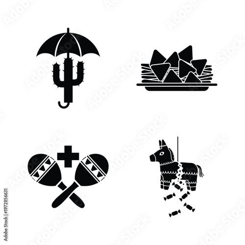 Mexican food and celebration icons including cactus umbrella, nachos, maracas and pinata silhouette