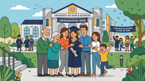 A heartwarming flat design illustration showcasing a multi-generational family celebrating the graduation of a loved one, emphasizing support and joy.