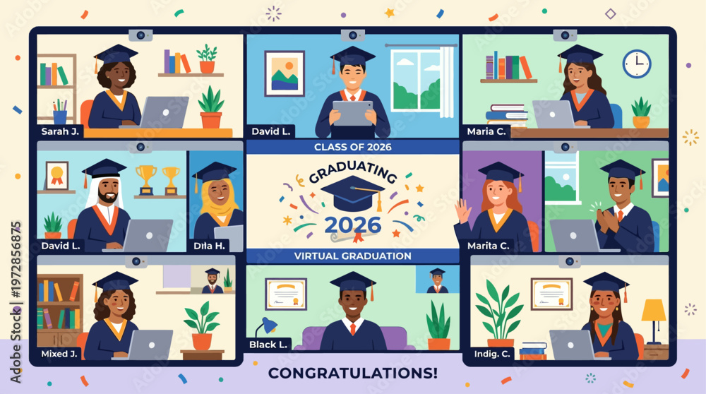 Fototapeta premium A modern flat design illustration conceptualizing a virtual online graduation ceremony, showing diverse students celebrating remotely.