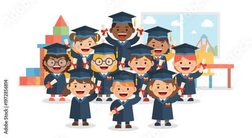 A heartwarming flat design illustration of diverse kindergarten children celebrating their graduation with caps, gowns, and diplomas.