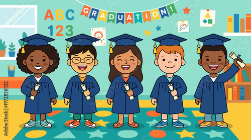 A heartwarming flat design illustration of diverse kindergarten children celebrating their graduation with caps, gowns, and diplomas.