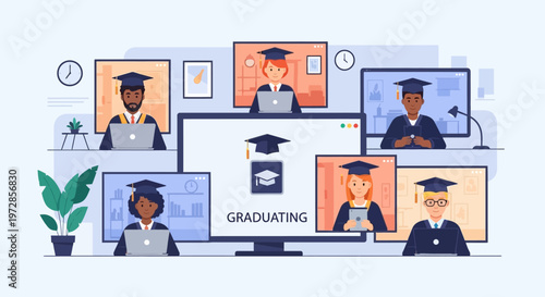A modern flat design illustration conceptualizing a virtual online graduation ceremony, showing diverse students celebrating remotely.
