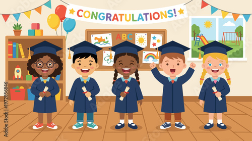 A heartwarming flat design illustration of diverse kindergarten children celebrating their graduation with caps, gowns, and diplomas.