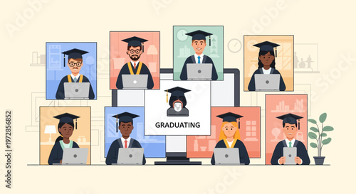A modern flat design illustration conceptualizing a virtual online graduation ceremony, showing diverse students celebrating remotely.