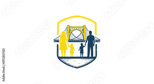 Family Silhouette Inside Shield with Bridge Emblem