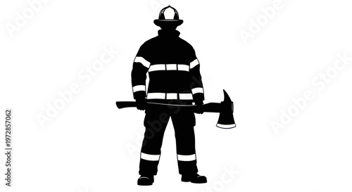 Silhouette of a Firefighter Holding an Axe, Ready for Duty