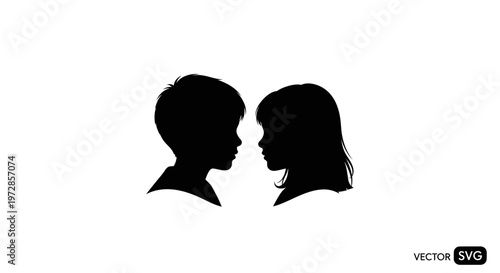 Silhouette of a boy and girl facing each other, concept of childhood friendship and innocence