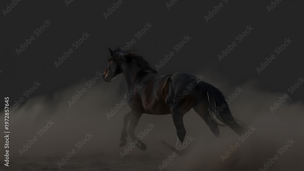 Fototapeta premium Black horse running with dust in dark background.