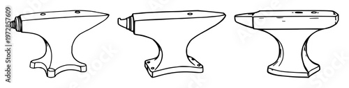 Anvils set with black line art design featuring miniature watchmaker's anvil, flat steel, precision tools with monochrome and minimalist style
