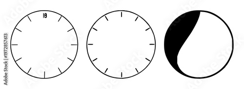 Moon phase watch set with black line art depicting a moon phase watch disc on white background featuring moon phases, watch, timekeeping with minimalism and flat design