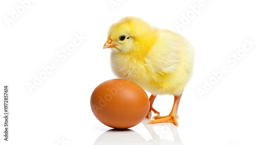 Cute baby chick standing beside egg on white background.