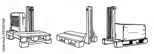 Pallet fork mechanism set with black line art on white background featuring fork, gear, hinge with mechanical and industrial design