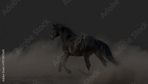 Black horse running with dust in dark background.