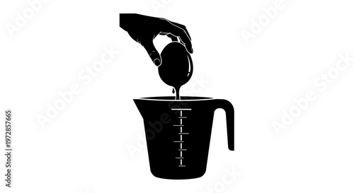 Dripping into the beaker: An illustration depicts a hand carefully lowering an egg into a measuring cup, the contents cascading downward.
