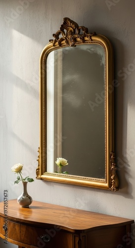 Elegant antique mirror with ornate gold frame hanging above a wooden table.