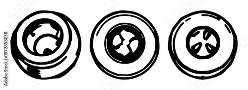 Screw head set with black line art on white background featuring watch, micro, detail with metal and engineering components