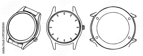 Watch case back opener set with black line art on white background featuring watch, case, opener with black lines and white background