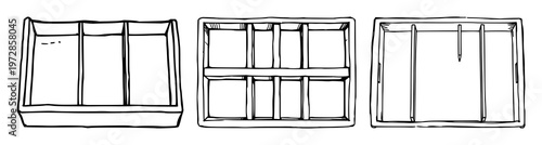 Watchmaker's partitioned tray set with black line art design featuring watchmaking, tools, compartments with black and white and minimalism