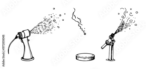 Watchmaker dust blower set with black line art design on white background featuring watchmaking tools, precision instruments, optical theme with dust and brass metal