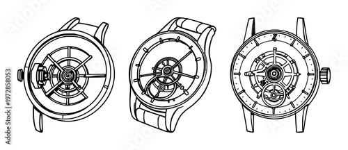Tourbillon cage assembly set with detailed black line art on white background featuring tourbillon, watch, mechanism with clockwork and gears