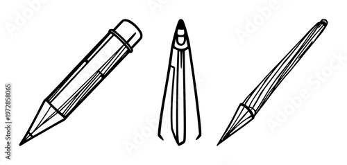 Steel scribing tool set with black line art illustration of the tool point featuring black line art, steel, drafting tool with white background and precision