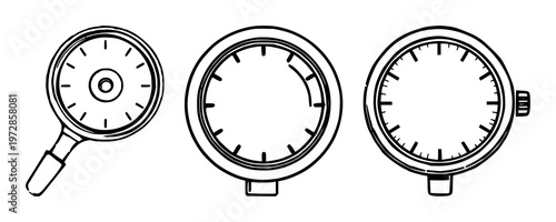 Watchmaker's eye loupe set with black line art on white background featuring precision instrument, magnifying glass, hand-held tool with simple style and minimalist illustration