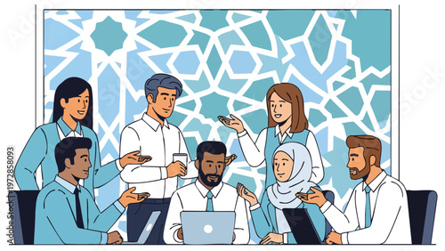 Diverse Business Team Meeting Illustration: Professionals Collaborating and Discussing Ideas in a Modern Office with Geometric Background