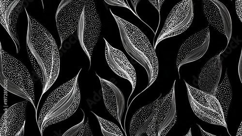White line art leaves creating seamless pattern black background. White line art leaves form a repeating botanical pattern on a black background