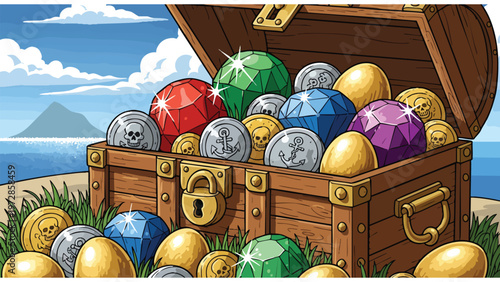 Vibrant Open Treasure Chest Overflowing with Gold Coins and Sparkling Jewels on a Tropical Island Beach, Cartoon Illustration of Hidden Riches and ...