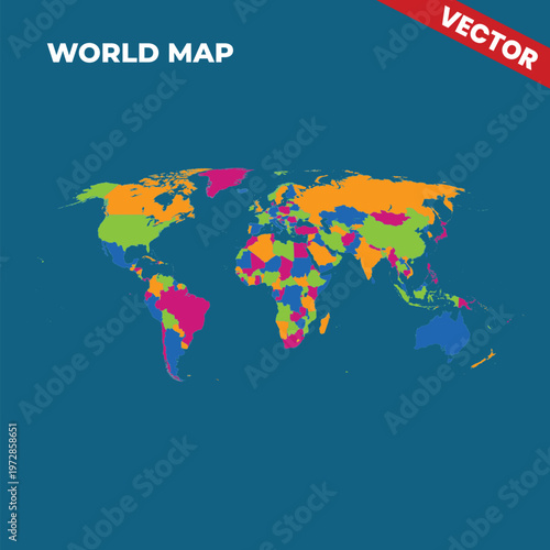 World Map Vector Illustration with Colorful Countries and Borders Global Geographic Earth Map for Infographic Education Business Presentation Background Corporate Design Element Digital Graphics