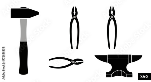 Blacksmith Tools: Hammer, Pliers, and Anvil Vector Icons
