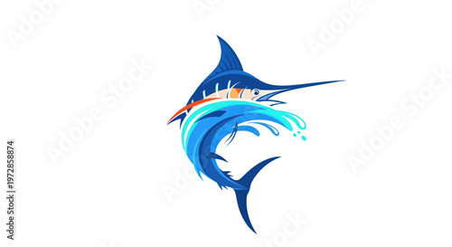 Blue Marlin Jumping Out of Water, Dynamic Ocean Sport Fish Illustration