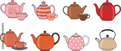 Set of teapot and teacup illustrations in various styles, vintage and modern tea sets with decorative patterns for kitchen, cafe, and beverage design