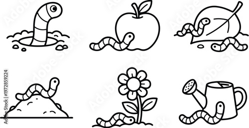 Black and white line art worms with apple flower leaf watering can and soil