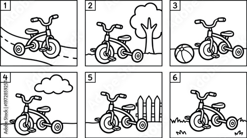 Black and white line art tricycle with various backgrounds including tree ball cloud and fence