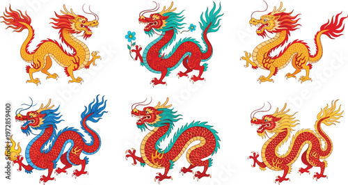 Set of traditional Chinese dragon illustrations in vibrant colors, mythological Asian creatures with flames and clouds, decorative zodiac symbols for cultural and festive design