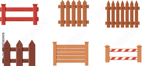 Set of wooden and painted fence styles including picket, rail, and construction barriers, colorful outdoor boundary elements for garden, farm, and safety design