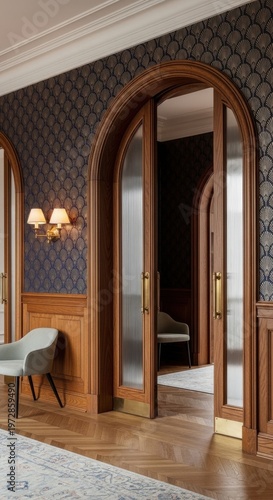 Elegant Arched Wooden and Glass Door in a Classic Luxury Interior.