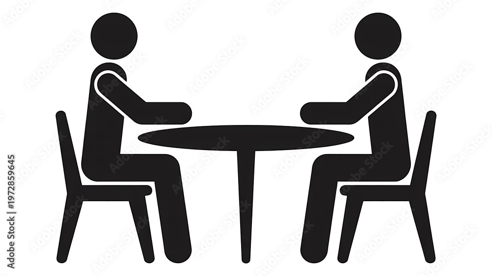 Fototapeta premium Two people seated at a round table, engaged in a discussion or meeting, depicted in a minimalist iconographic style with clean lines and a simple aesthetic