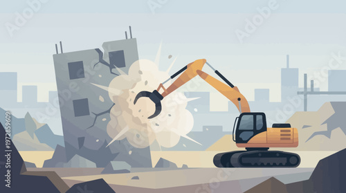 Heavy Machinery Excavator Demolishing Old Building for Urban Renewal Construction Site Illustration